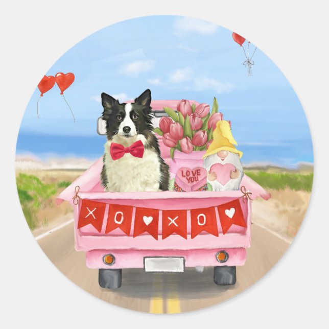 Sticker Rond Bordure Collie Chien Saint Valentin Coeurs de cami (Devant)