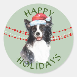 Sticker Rond Bordure Collie Chien Santa Hat Joyeuses Fêtes