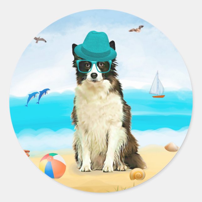 Sticker Rond Bordure Collie Dog sur la plage (Devant)