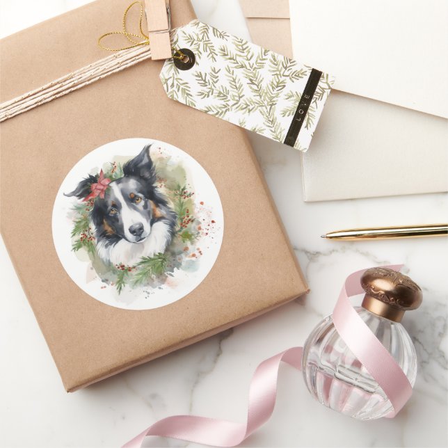 Sticker Rond Bordure Collie Fête de Noël Wreath Pup (Cadeaux)
