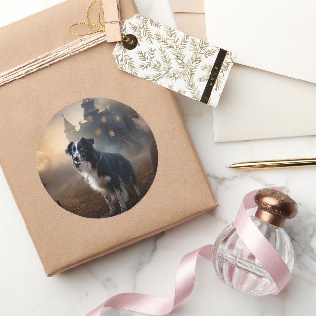 Sticker Rond Bordure Collie Halloween effroi (Cadeaux)