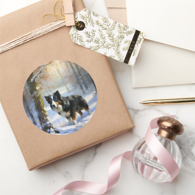 Sticker Rond Bordure Collie Laisser neiger Noël (Cadeaux)