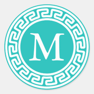 Sticker Rond Bordure de clé grecque ronde blanche turquoise Mon