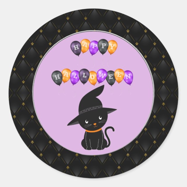 Sticker Rond Bordure noire Chat noir Joyeux Ballons Halloween (Devant)