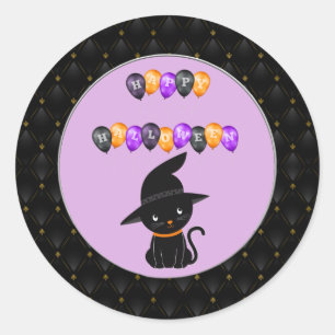 Sticker Rond Bordure noire Chat noir Joyeux Ballons Halloween