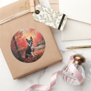 Sticker Rond Boston Terrier à l'automne Leaves automne Inspire