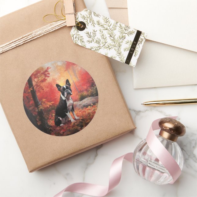 Sticker Rond Boston Terrier à l'automne Leaves automne Inspire (Cadeaux)