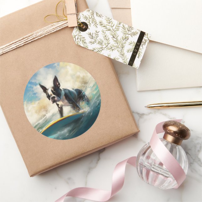 Sticker Rond Boston Terrier Beach Surfing Peinture (Cadeaux)