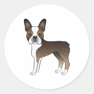 Sticker Rond Boston Terrier Bringé Et Blanc Chien De Dessin Ani