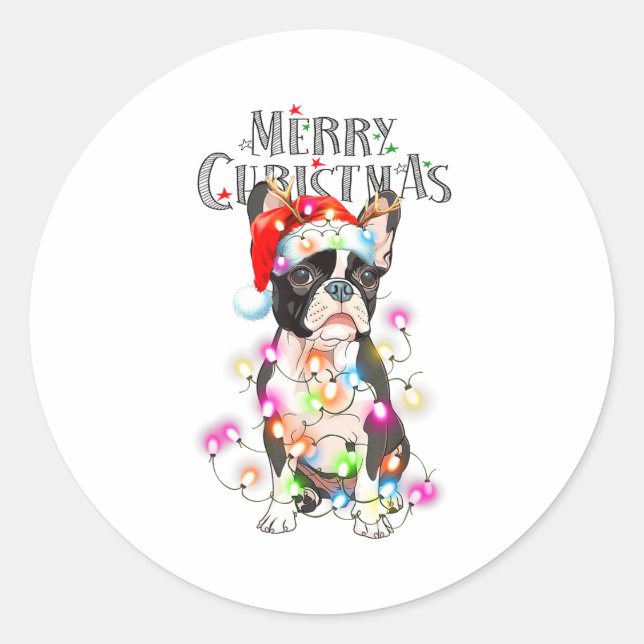 Sticker Rond Boston Terrier Christmas Lights Xmas Dog  (Devant)