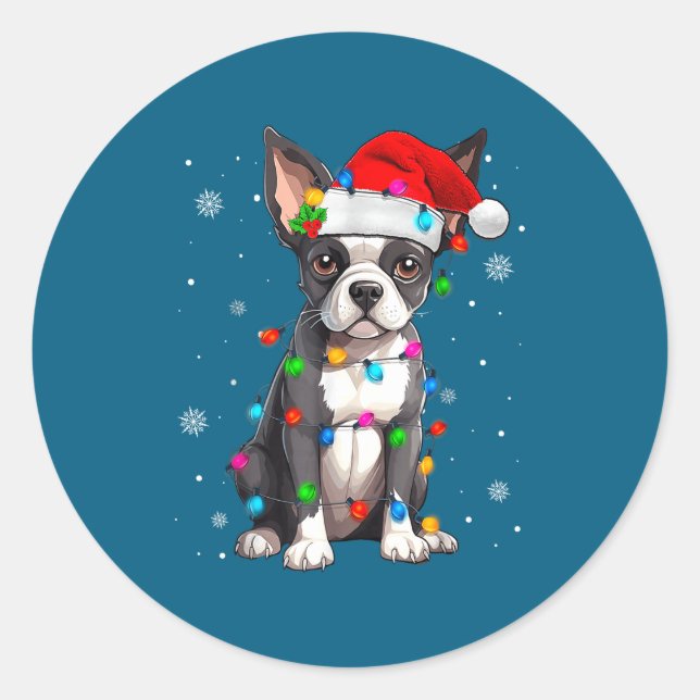 Sticker Rond Boston Terrier Christmas Santa Hat  (Devant)