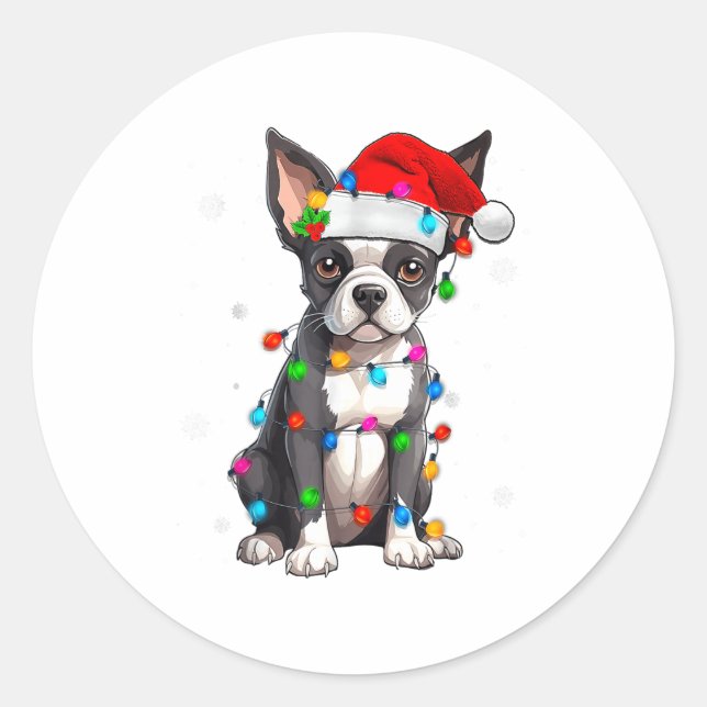 Sticker Rond Boston Terrier Christmas Santa Hat Tree Lights Paj (Devant)