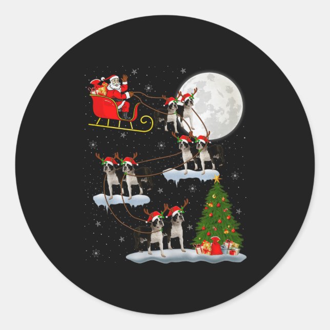Sticker Rond Boston Terrier Dog Santa Sleigh Flying Funny Chris (Devant)