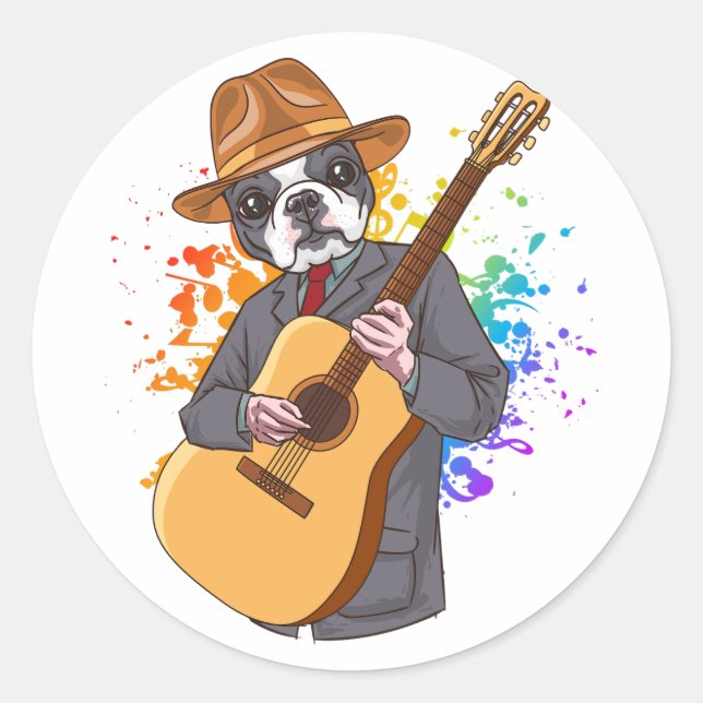 Sticker Rond Boston Terrier Jouer Guitare Acoustique (Devant)