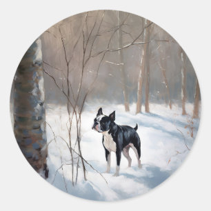 Sticker Rond Boston Terrier Laisser neiger Noël