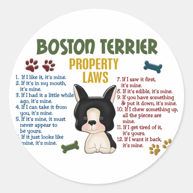 Sticker Rond Boston Terrier Propriété Lois 4 (Devant)