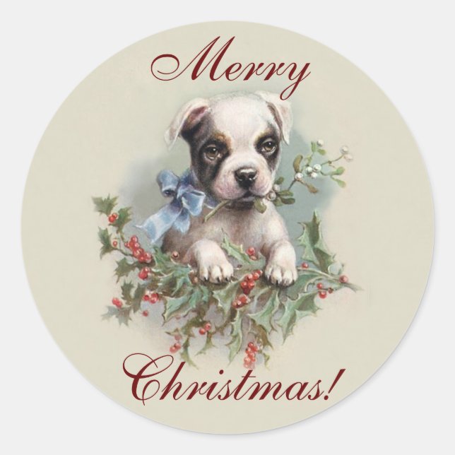 Sticker Rond Boston Terrier Puppy - Vacances de Noël de chien m (Devant)