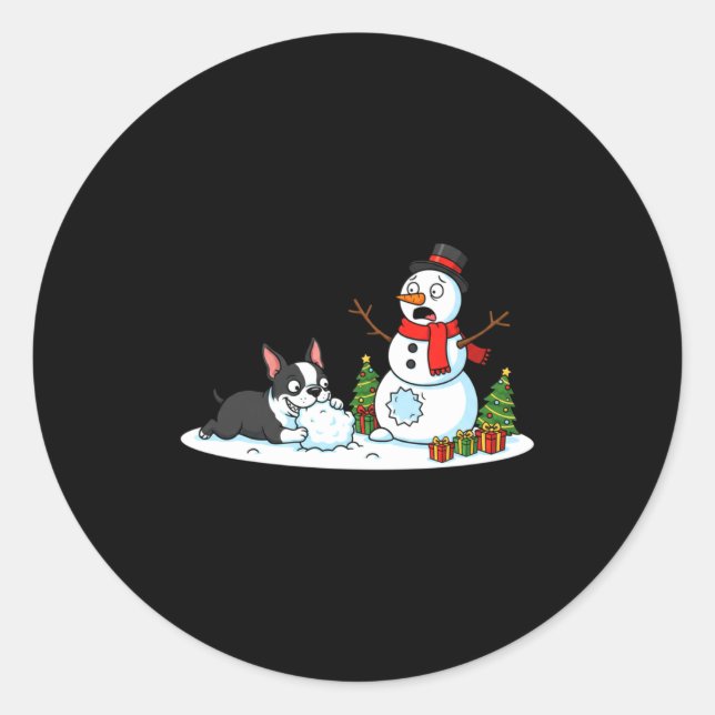 Sticker Rond Boston Terrier Snowman Christmas Tree Xmas Womens  (Devant)