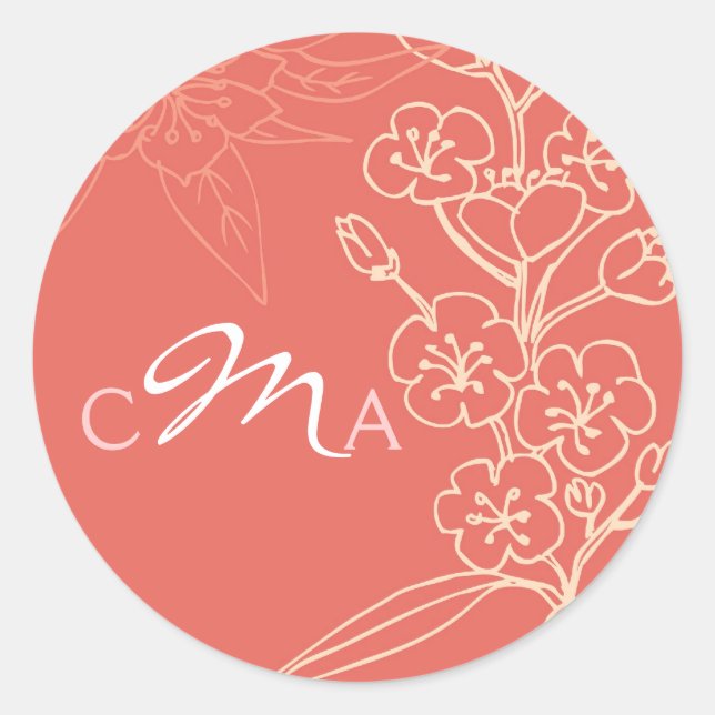 Sticker Rond Botanica (Corail) Faveur de mariage / Sceau d'enve (Devant)