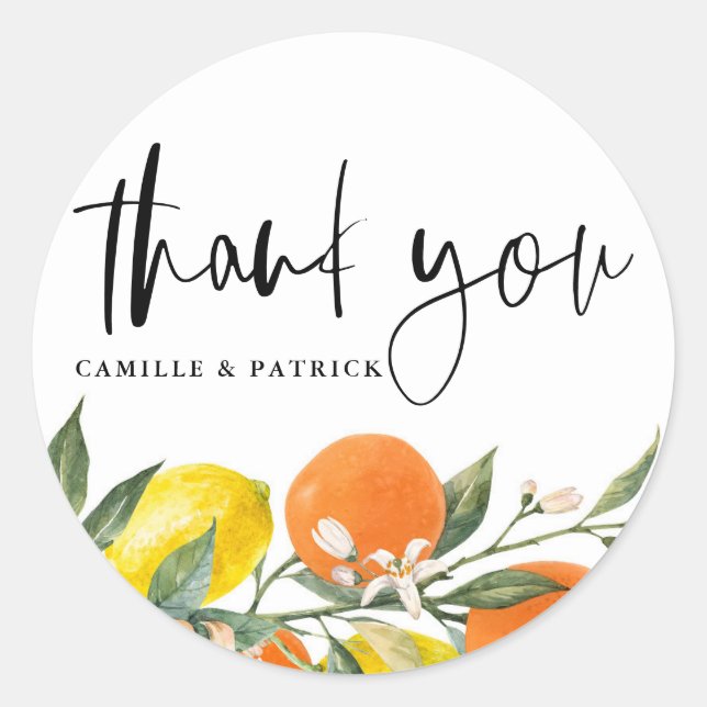 Sticker Rond Botanical Orange and Lemon Wedding Thank You (Devant)