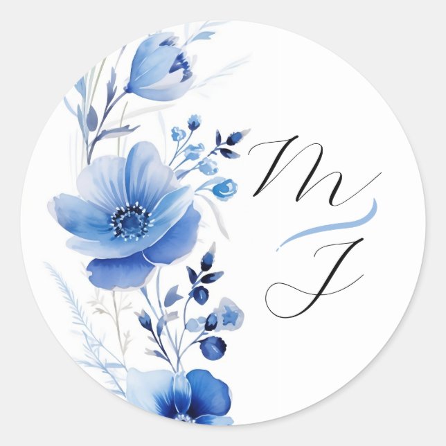 Sticker Rond Botanique aquarelle florale bleue  (Devant)