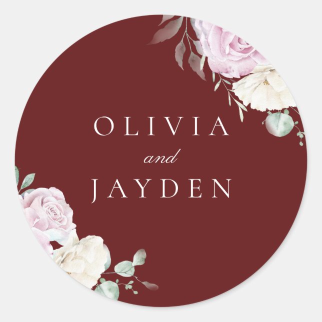 Sticker Rond Botanique Blanc & Blush Floral Bourgogne Mariage (Devant)