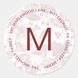 Sticker Rond Botanique de vacances avec Monogramme rouge et adr