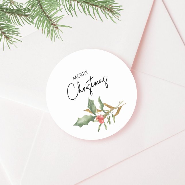 Sticker Rond Botanique Élégant Joyeux Noël Or et Vert (Créateur téléchargé)