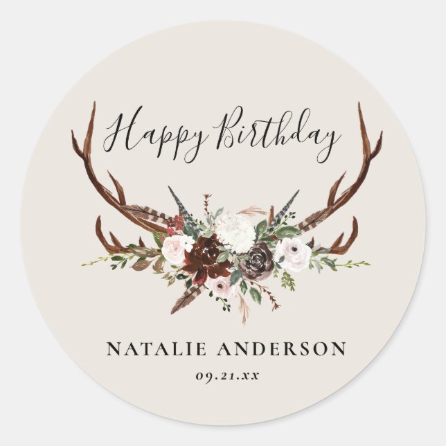 Sticker Rond botanique florale rustique anniversaire personnali (Devant)