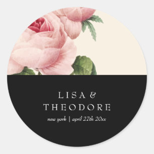 Sticker Rond Botanique   Mariage de fleurs Vintages rose et noi