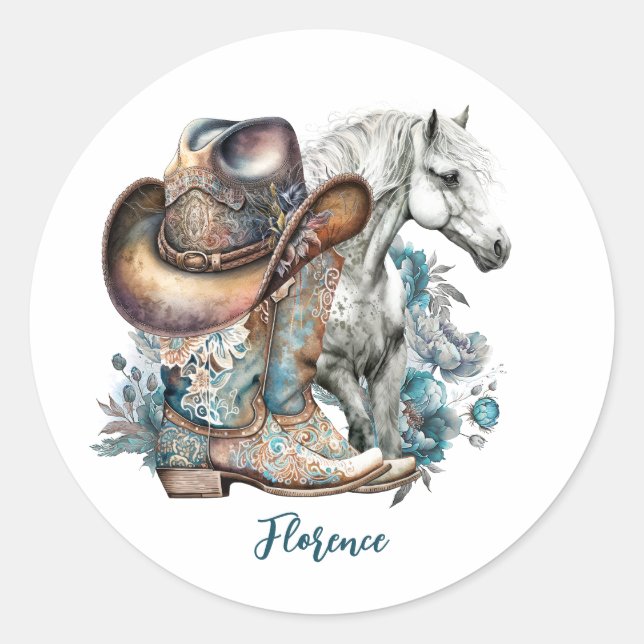 Sticker Rond Botte de cheval Cowgirl bottes de cowboy casquette (Devant)