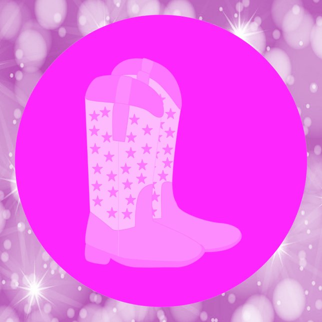 Sticker Rond Bottes Cowboy avec étoiles rose (A sticker with a pair of cowboy boots with stars done in various shades of pink)