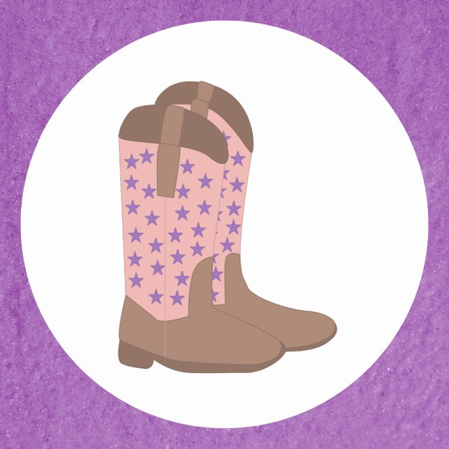 Sticker Rond Bottes Cowboy rose Brown avec étoiles violettes (A sticker with a pair of cowboy boots done in pink and brown with purple stars)