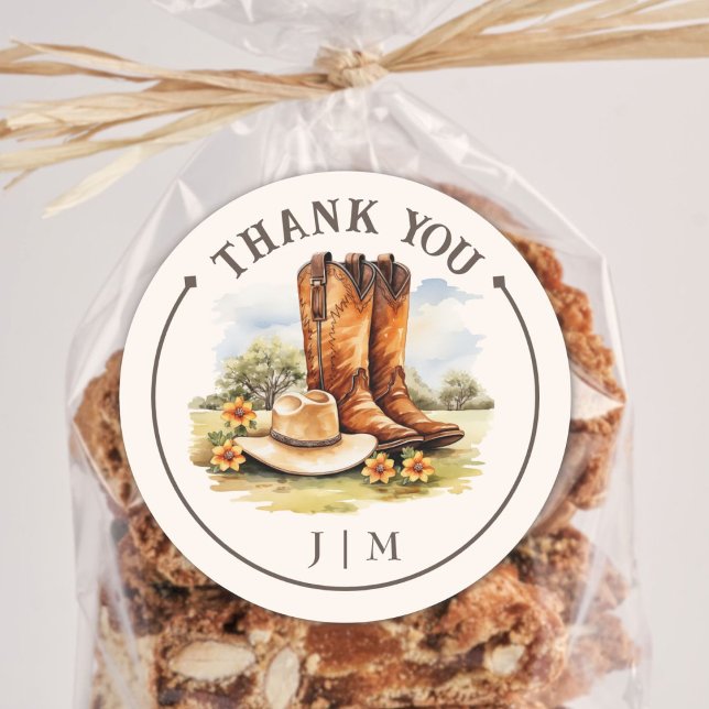 Sticker Rond Bottes de cowboy de style occidental Mariage rusti (Créateur téléchargé)