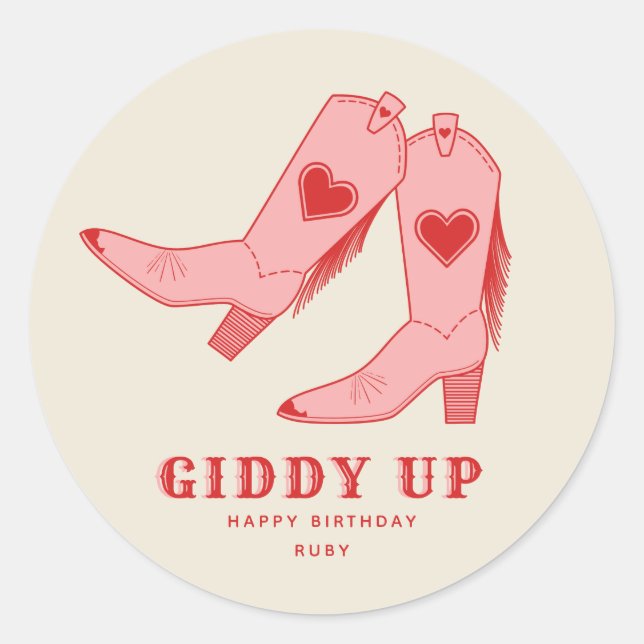 Sticker Rond Bottes de cowgirl roses Giddy Up pour anniversaire (Devant)