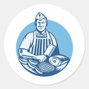 Sticker Rond Boucher Avec Viande Cleaver Coupes Retro