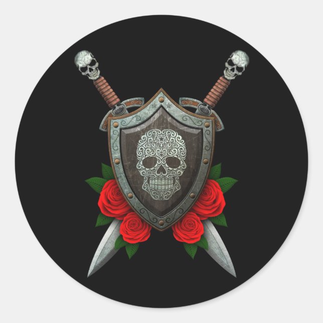 Sticker Rond Bouclier crânien et épées avec Rose (Devant)