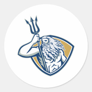 Sticker Rond Bouclier de Neptune Poseidon Trident rétro