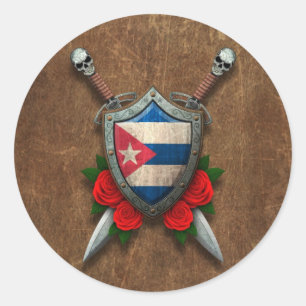 Sticker Rond Bouclier et épées cubains âgés de drapeau avec