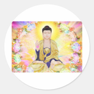 Sticker Rond Bouddha entouré de fleurs
