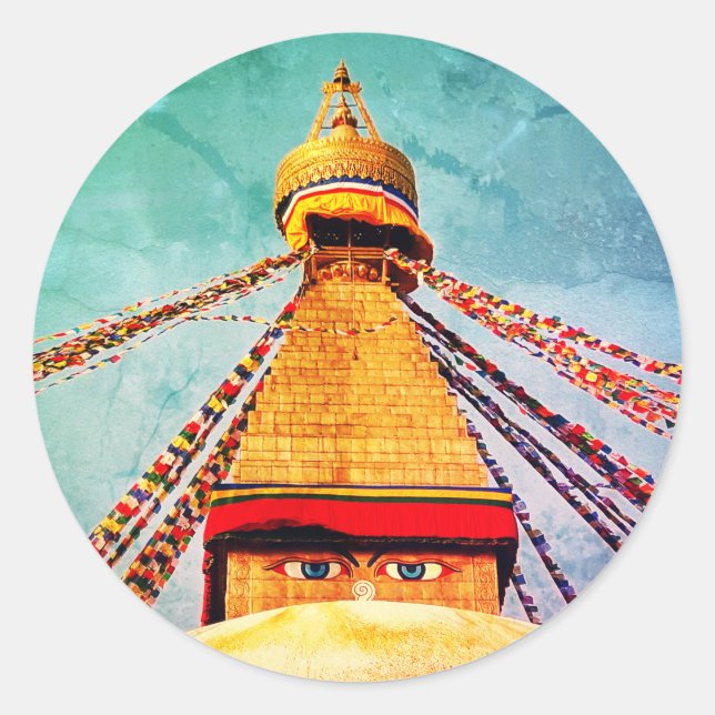 Sticker Rond Boudhanath Stupa, Boudha Eyes, Himalayas, Népal (Devant)