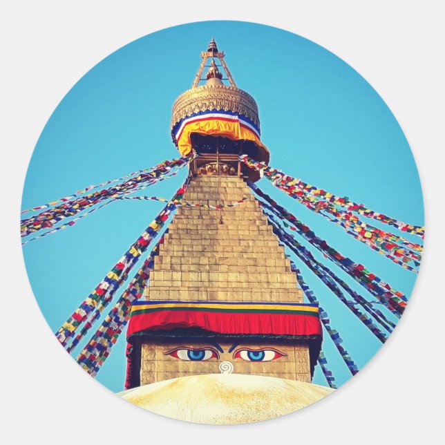 Sticker Rond Boudhanath Stupa, Boudha Eyes, Himalayas, Népal (Devant)