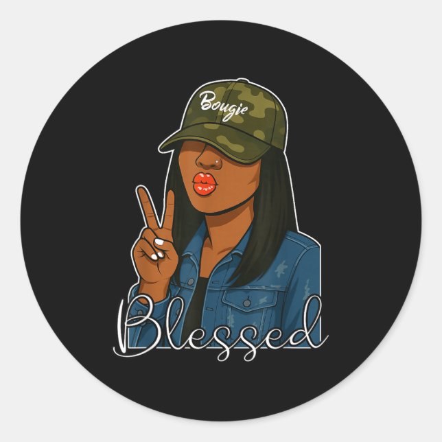 Sticker Rond Bougie Blessed Camo Hat Christian Black Woman  (Devant)