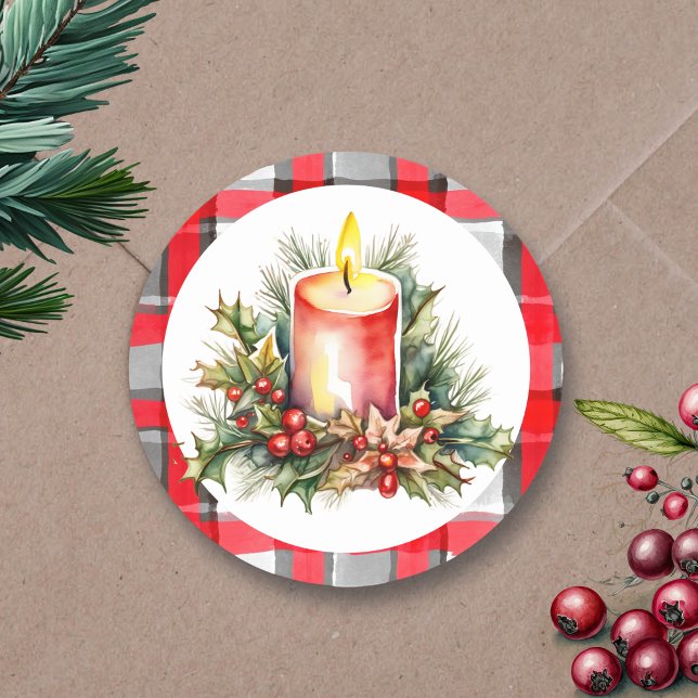 Sticker Rond Bougie de Noël Aquarelle À damiers Plaid (Créateur téléchargé)