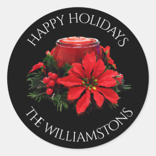 Sticker Rond Bougie de Noël rouge, Holly et Poinsettia