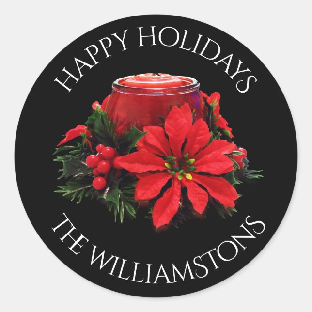 Sticker Rond Bougie de Noël rouge, Holly et Poinsettia (Devant)