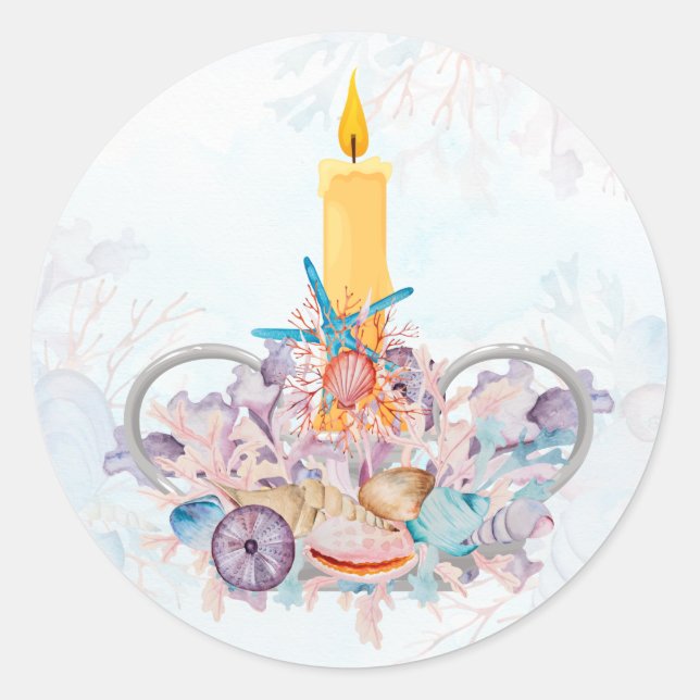 Sticker Rond Bougie de vacances avec coquillages et corail (Devant)