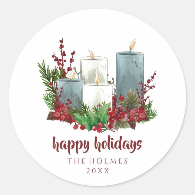 Sticker Rond Bougies de Noël aux fleurs et baies (Devant)