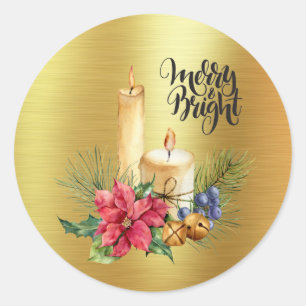 Sticker Rond Bougies et Poinsettias rustiques - Joyeux et lumin