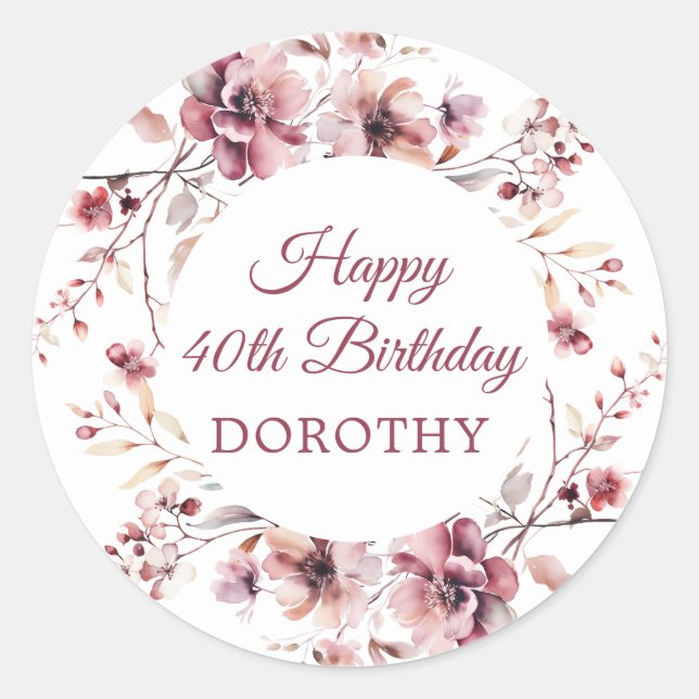 Sticker Rond Bougogne rose floral personnalisé 40e anniversaire (Devant)